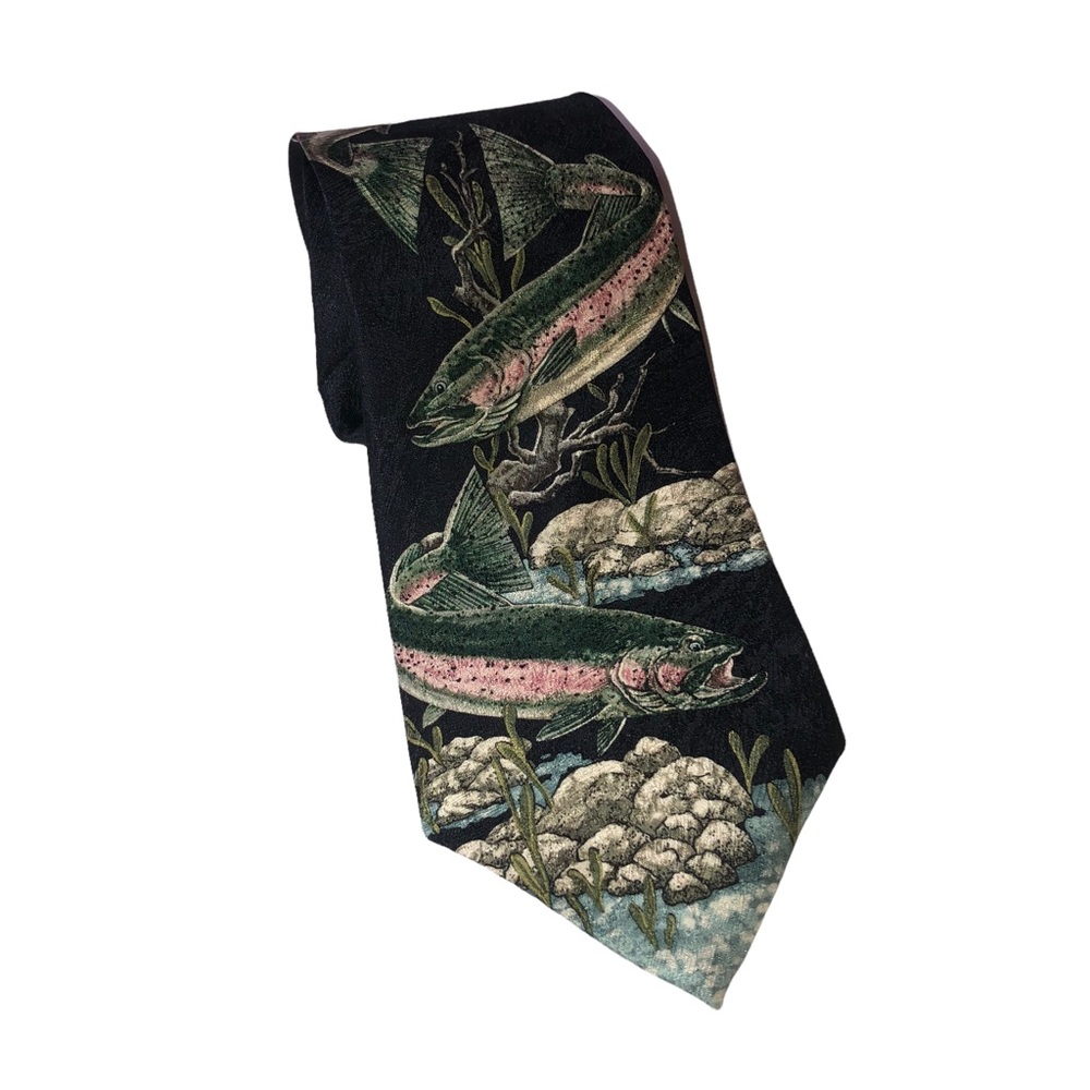 Men's Black Tie with Trout Fish Print